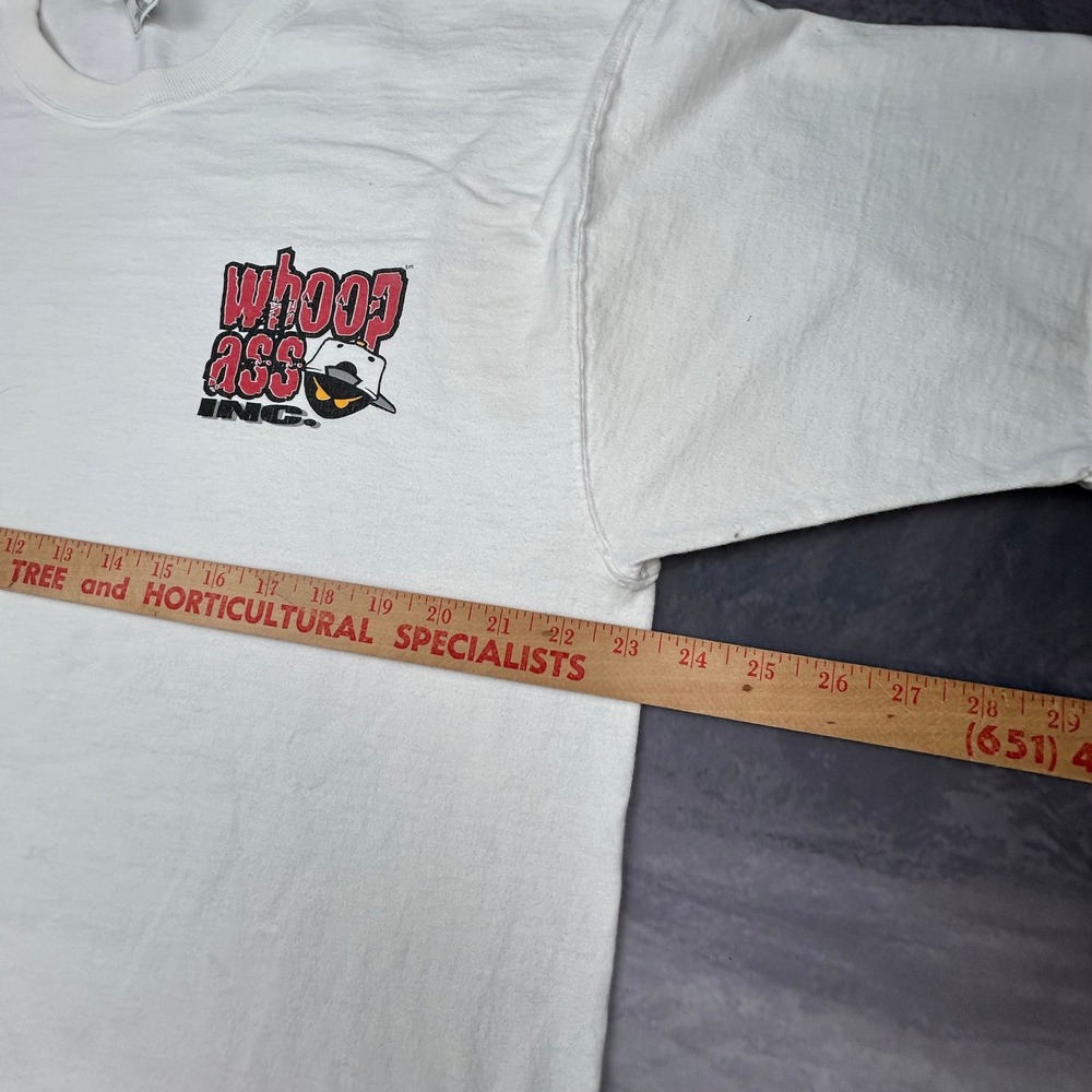 Vintage 90s Whoop Ass Inc Graphic T Shirt Mens XL White Skater Streetwear Boxy - Picture 6 of 8